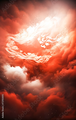 red and white flag in a cloud and smoke in the sky as a background. 3D illustration. Fire and smoke. mobile wallpaper