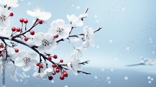 Spring branch with white flowers on a blue background. Spring concept. Winter background with tree branches and berries. Place for your text.