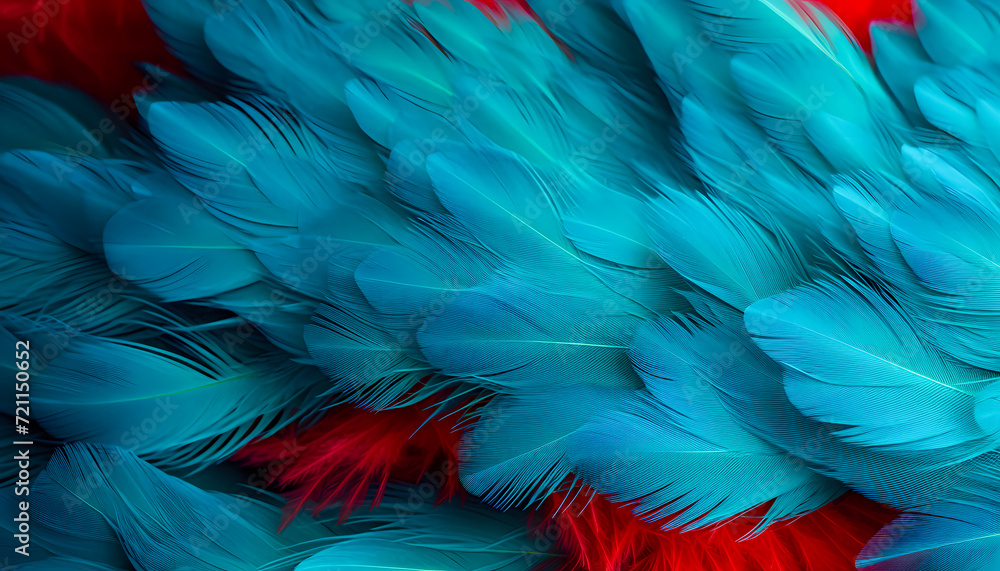 Fototapeta premium Beautiful blue green and red feathers as background. Close-up, Macro background, Feathers texture. Colorful Banner