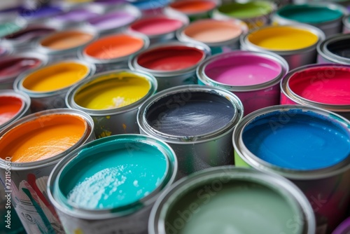 many cans of colored paint - closeup background