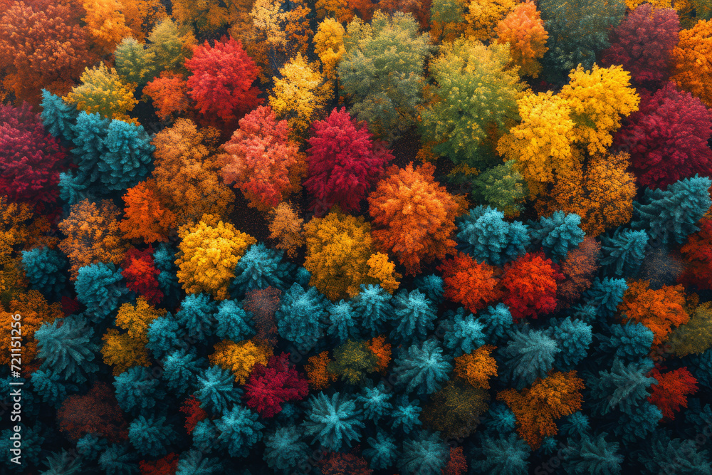 Drone photograph of a dense forest in autumn, displaying a spectrum of fall colors. Concept of seasonal changes and nature's palette. Generative Ai.