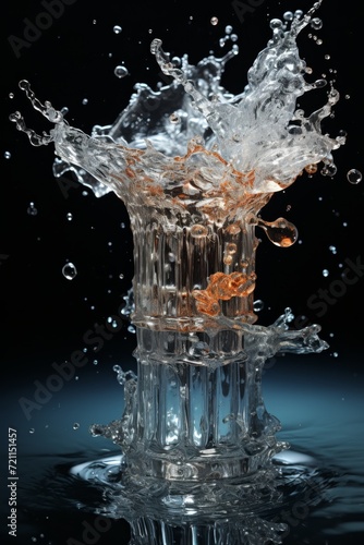 Transparent splash of water from falling glass container on a dark background