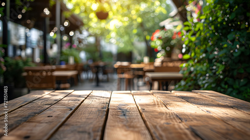 Outdoor Cafe Scene with Empty Wooden Table