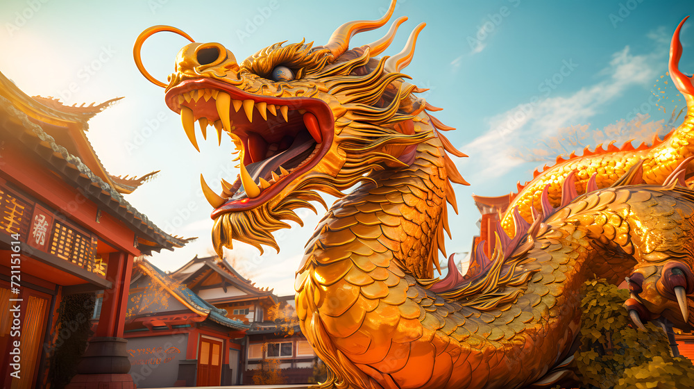Golden dragon statue in chinese temple with blue sky background. Dragon chinese wallpaper, Happy Lunar New Year Golden dragon statue in chinese temple with blue sky background. Dragon chinese wallpaper, Happy Lunar New Year