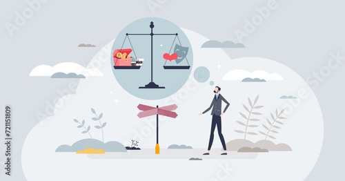 Cognitive biases and psychological mind logic issues tiny person concept. Judgment about career, work or finances versus love, relationship and family vector illustration. Systematic thought tendency