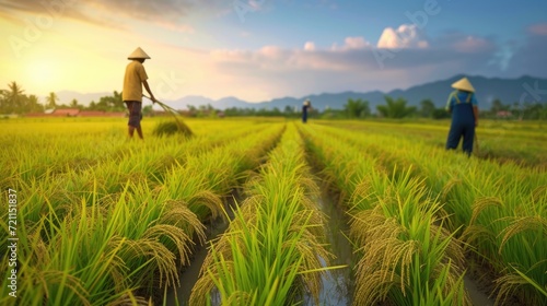 Asian farmer workers working at rice farm fields photo