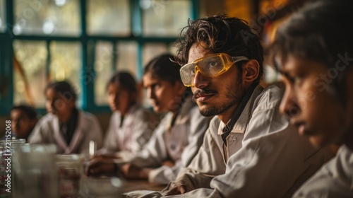 Focused Indian students wearing safety goggles participate attentively in a chemistry lab session at a university.. photo