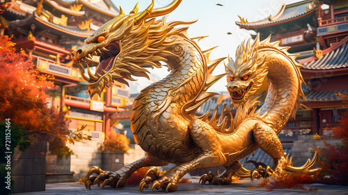 Golden dragon statue in chinese temple with blue sky background. Chinese dragon is a mythical creature. Dragon chinese wallpaper, Happy Lunar New Year