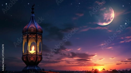 Arabic lantern with burning candle and night sky with waning crescent moon in the background. Generative AI