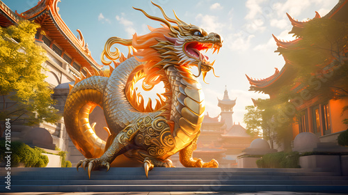 Golden dragon statue in chinese temple with blue sky background. Chinese dragon is a mythical creature. Dragon chinese wallpaper, Happy Lunar New Year © Iwankrwn