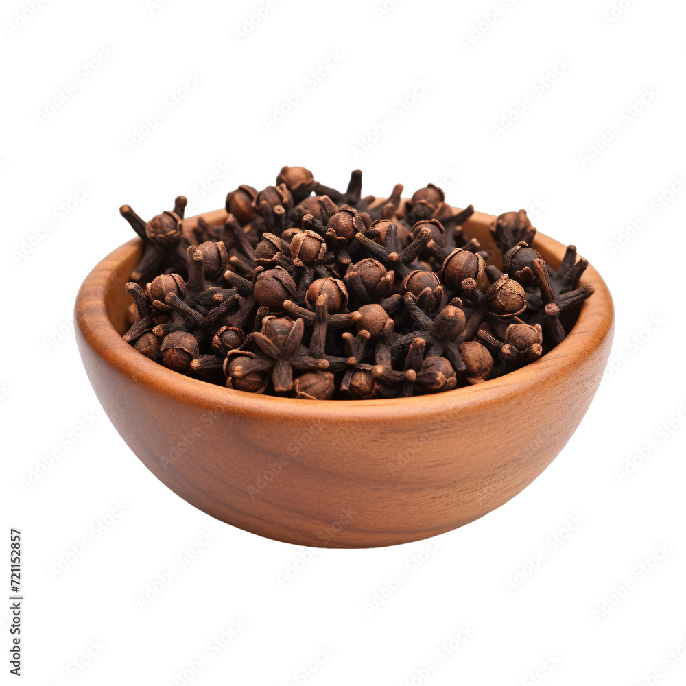Obraz premium bowl of dried cloves isolated on a white or transparent background, PNG, cloves on a wooden bowl