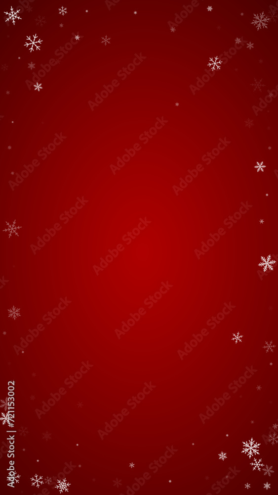 Beautiful snowfall christmas background. Subtle flying snow flakes and stars on christmas red background. Beautiful snowfall overlay template. Vertical vector illustration.