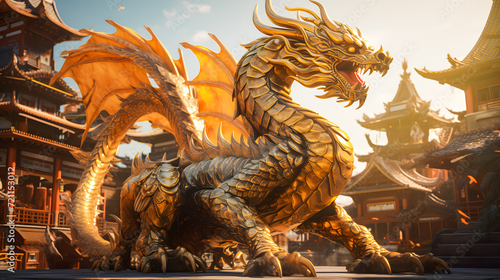 Obraz premium Golden dragon statue in chinese temple with blue sky background. Dragon chinese wallpaper, Happy Lunar New Year