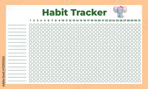 Habit tracker. Blank monthly planner template for habit tracking with cute baby elephant character.Monthly planner.