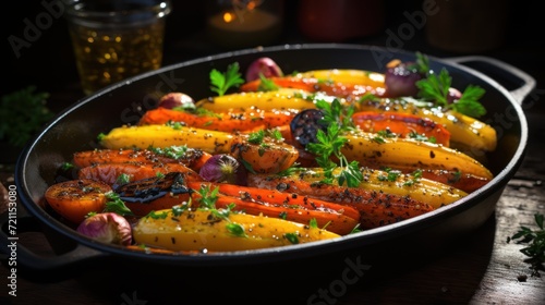 plating food Rainbow Carrots with Olive Oil and Spices in Vintage Pan