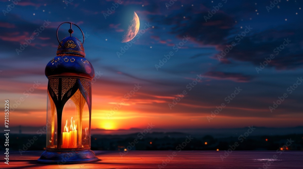 Arabic lantern with burning candle and night sky with waning crescent moon in the background. Generative AI