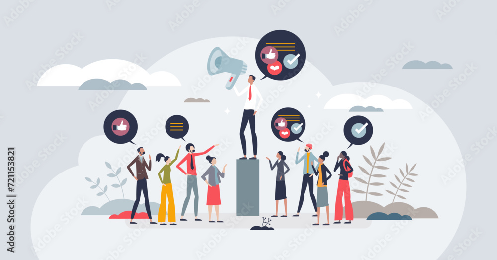 Social influence and influencer power for promotion tiny person concept. Share information to audience and society in social media vector illustration. Group leader with opinion and persuasive powers