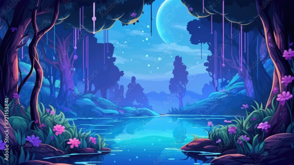 Obraz premium cartoon illustration nature landsacpe in night forest