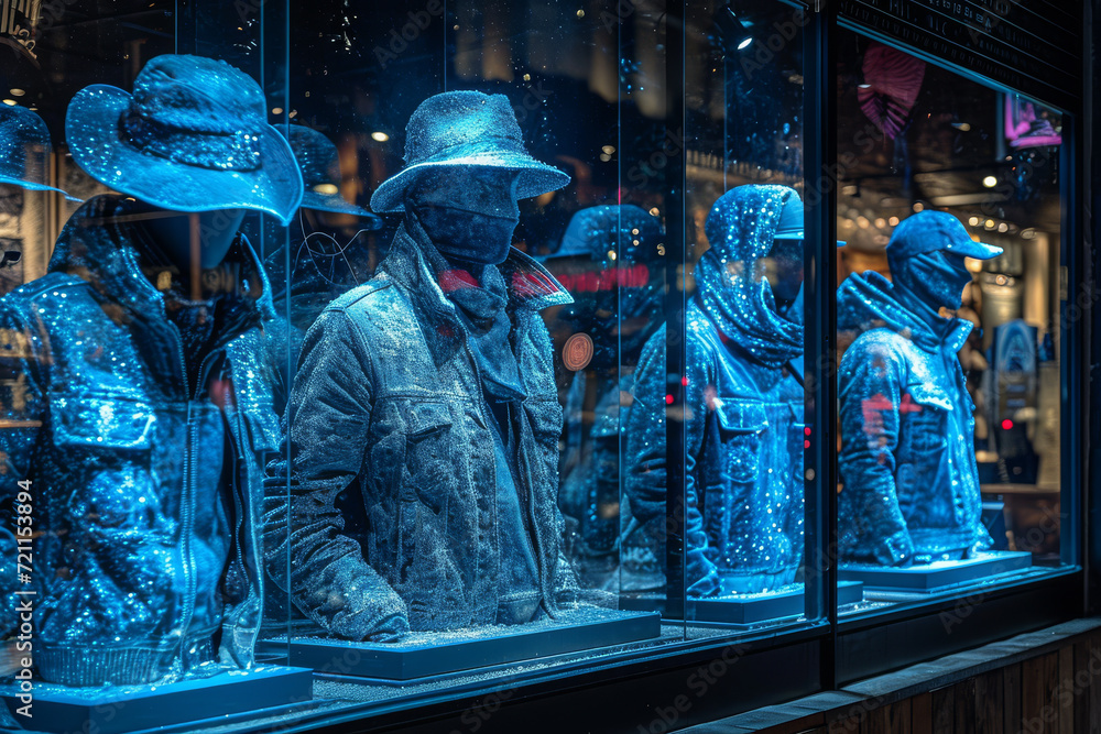 A window display with indigo gels, attracting attention with its deep and rich color. Concept of visual merchandising and mood lighting. Generative Ai.