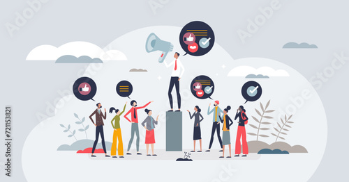 Social influence and influencer power for promotion tiny person concept. Share information to audience and society in social media vector illustration. Group leader with opinion and persuasive powers photo