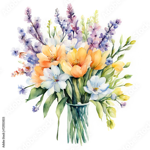 a fresh bouquet of beautiful flowers, decorations for holidays, birthday, wedding, valentine's day, women's day. watercolor illustration. artificial intelligence generator, AI, neural network image. b