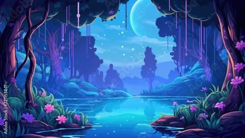 cartoon illustration nature landsacpe in night forest