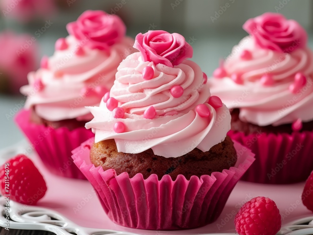 Cupcake with swirls of pink cream on top, decorative edible roses and sprinkles, in vibrant pink wrapper, arranged on plate with raspberries on the side, ideal for celebrations and parties.