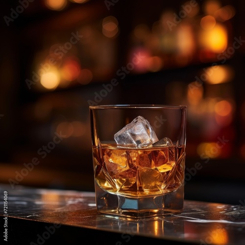Glass of whiskey with ice cubes on bar counter, with a warm, blurred background of lights