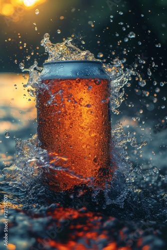 An aluminum beverage jar for your advertisement with splashes and drops of water