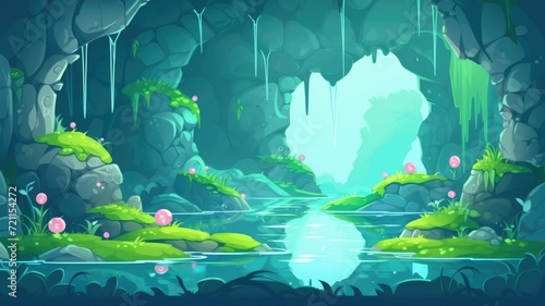 cartoon illustration Adventure level in stone cavern with path through poisonous river flow with bubble. photo