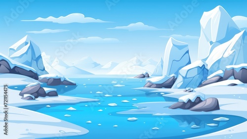 cartoon illustration Arctic landscape with icebergs, and sea or ocean.