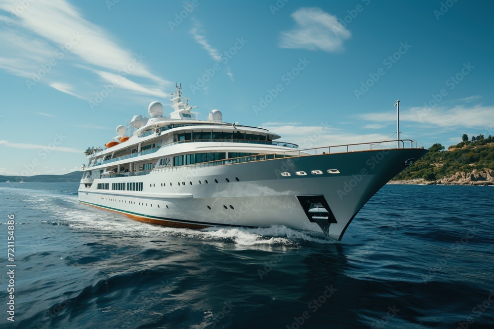 Ocean Odyssey: A Majestic Cruise Ship Yacht Embarking on a Touristic Voyage, Gracefully Sailing Through the Vast Expanse of the Open Sea on a Perfect Vacation Day