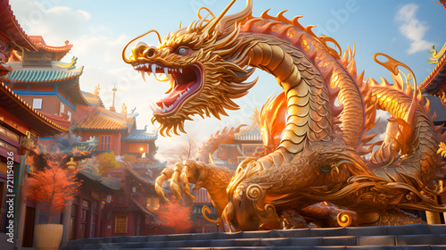 Golden dragon statue in chinese temple with blue sky background. Dragon chinese wallpaper, Happy Lunar New Year © Iwankrwn