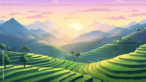 cartoon illustration Asian rice field terraces in mountains sunset landscape.