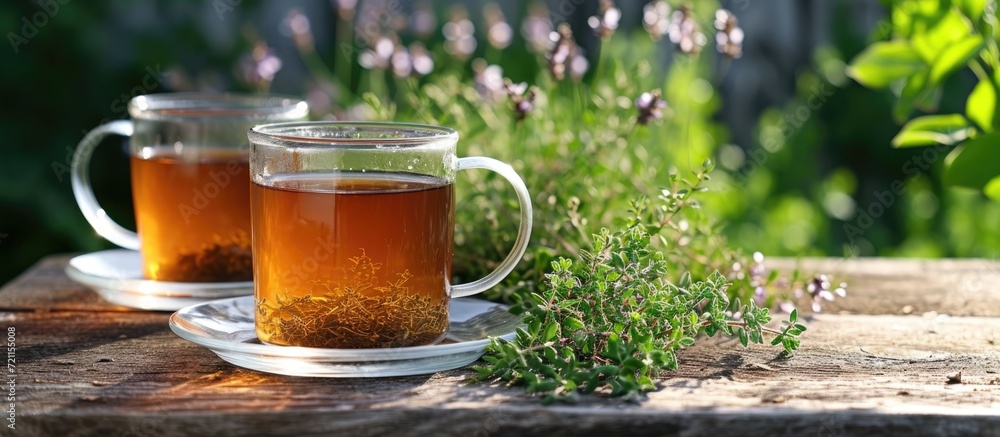 Traditional thyme tea for wellness, served in a glass mug on a garden table. Traditional thyme tea for wellness, served in a glass mug on a garden table.