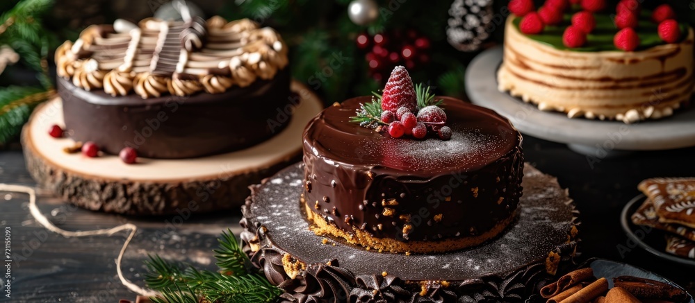 Christmas party featuring homemade round cakes - zebra poppy seed and gingerbread with chocolate glaze - adorned with top decor, served with dried fruit compote.