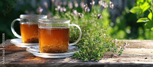 Traditional thyme tea for wellness, served in a glass mug on a garden table.