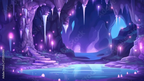 cartoon illustration A mystical and serene cave illuminated by glowing purple crystals  with a tranquil pool reflecting 