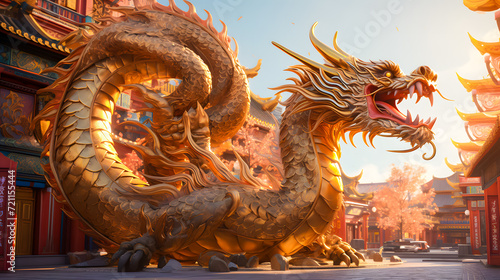 Golden dragon statue in chinese temple with blue sky background. Dragon chinese wallpaper, Happy Lunar New Year photo