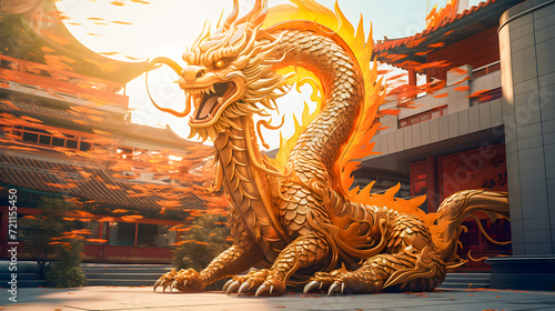 Golden dragon statue in chinese temple with blue sky background. Dragon chinese wallpaper, Happy Lunar New Year photo