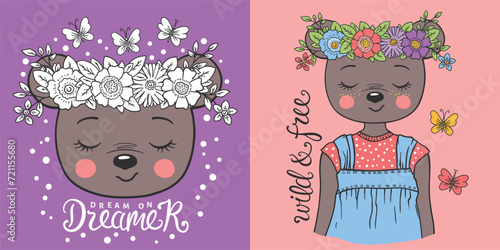 Cute bear girl with floral wreath, butterfly for t-shirt graphics, fashion prints, posters and other uses