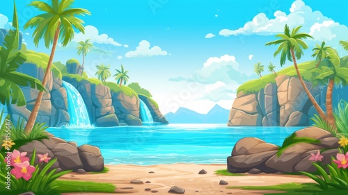 cartoon illustration Beautiful boulder rock waterfall on coast.