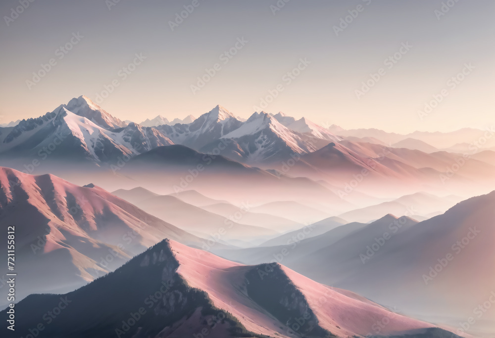 A misty snowy mountain range at sunrise in brown, white, and grey shades.