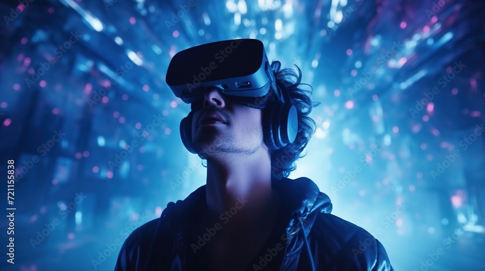 Amazed Man in VR Headset Explores the Metaverse. Virtual Space, Gaming, Entertainment, Futuristic
Amazed Man in VR Headset Explores the Metaverse. Virtual Space, Gaming, Entertainment, Futuristic