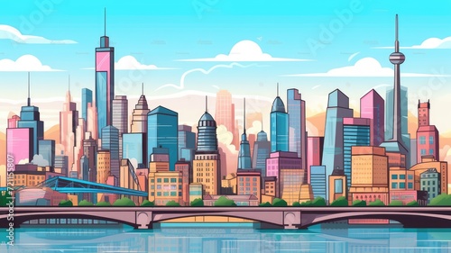 cartoon illustration cityscape showcasing a harmonious blend of classical and modern architecture  with a serene river flowing under a stone bridge.