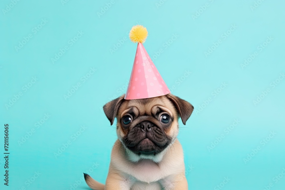 Adorable Pug Puppy in a Party Hat on a Blue Background
