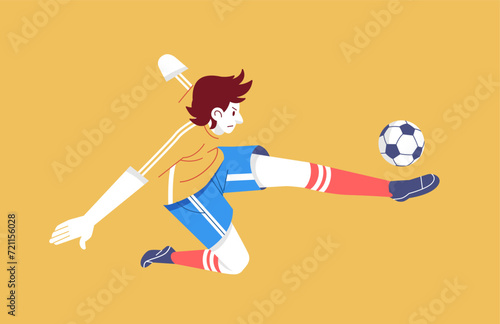 Fototapeta Naklejka Na Ścianę i Meble -  Soccer player kicks the ball in air flat modern character vector illustration
