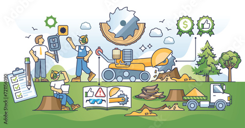 Stump grinder rental service for DIY wood trunk removal outline concept. Old stump removing with heavy machinery and special equipment vector illustration. Industrial lumber forestry technology.