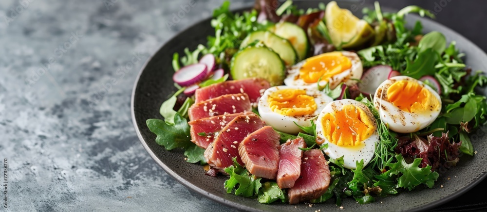 Tuna, egg, and greens on a gray plate, in a Nicoise salad.