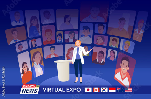 Speaker speaks on digital expo online video conference stage witnessed by people from various countries